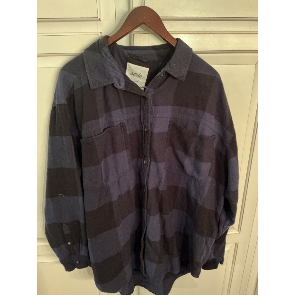 Aerie Navy Blue Black Buffalo Plaid Oversized Flannel Button Down Shirt XL
